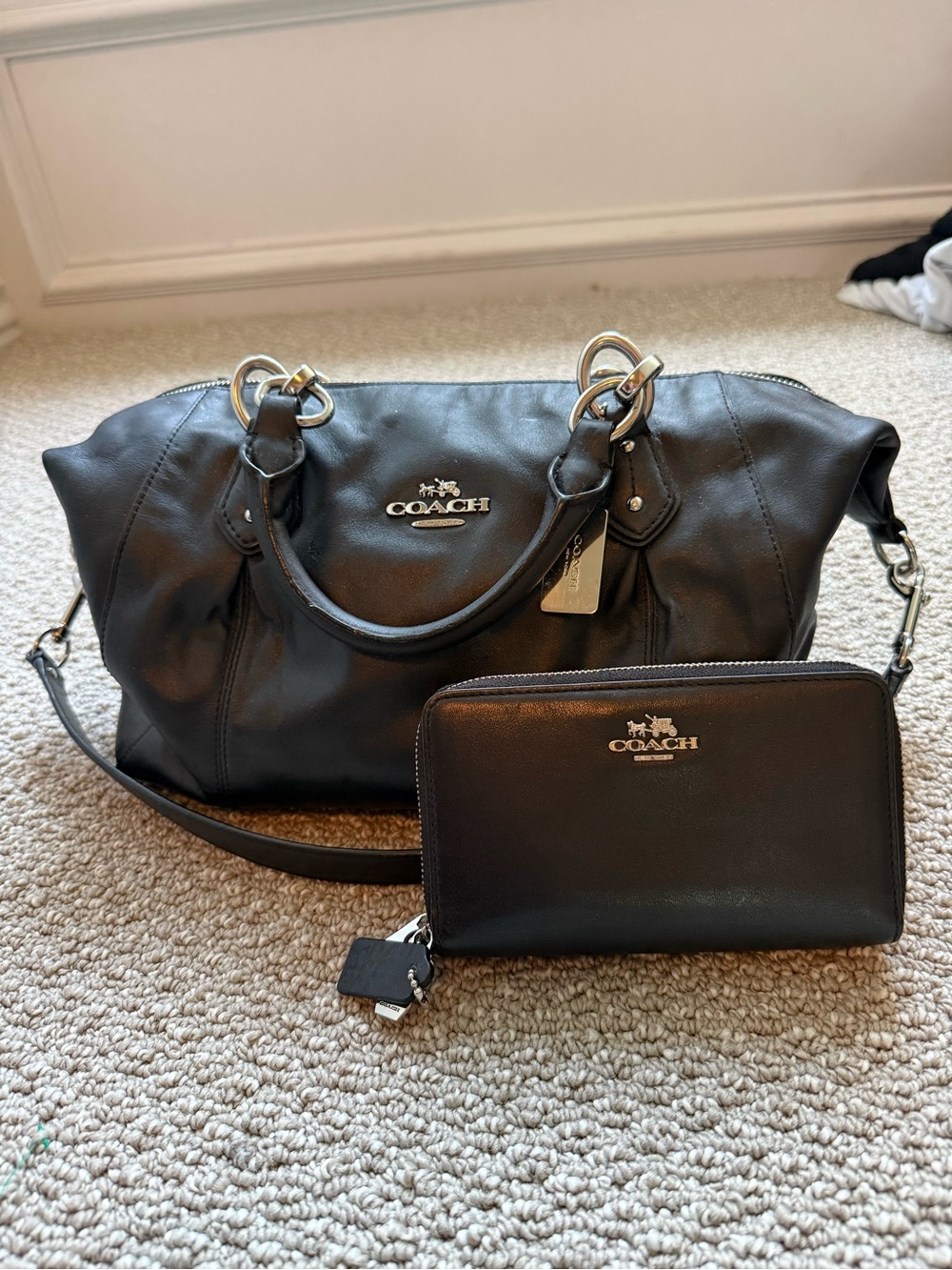COACH Vintage 2000s Black Handbag Purse & Matching Double-Zip Wallet Set